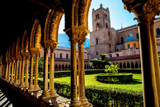 Santa Maria Nuova cathedral cloister and south tower, Monreale, Sicily, Italy. 31.07.2018