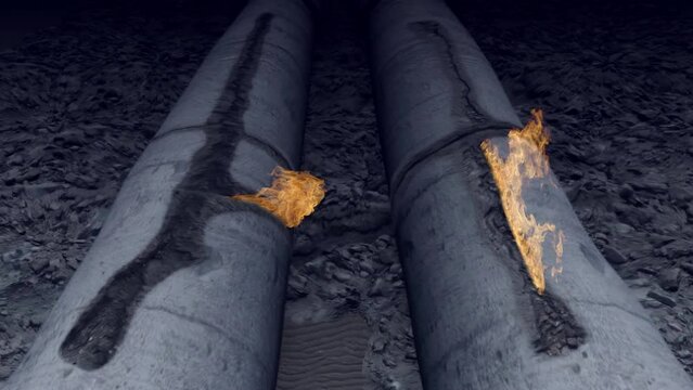 Two large concrete natural gas pipelines on fire underwater due to major cracks, causing the release of flammable gas into the sea.