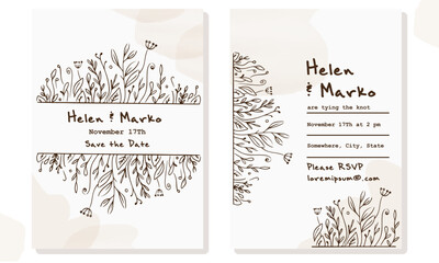 Minimalistic floral elegant wedding set invitation card design,trendy hand line drawing on beige paper.Stylish vector