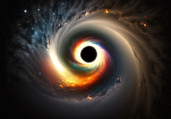 A black hole with a glowing constellation of various colors revolves around a black hole in the universe.
