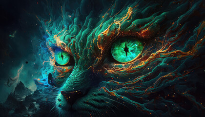 Fototapeta na wymiar The Celestial Beast - an abstract hyperrealistic artwork of a magical malachite nebula creature with vibrant glowing eyes, a stunning wallpaper background