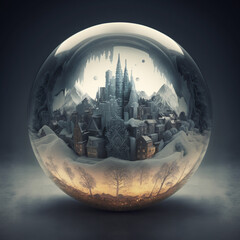 A frozen city inside a glass sphere
