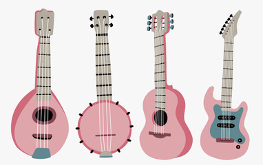 Guitar set. Acoustic guitar, electric guitar banjo and  mandolin on white background. String musical instruments. Cute flat cartoon style. Vector illustration