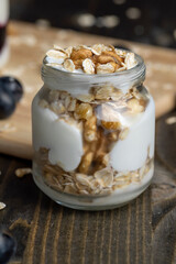 yogurt made from milk with walnuts and muesli