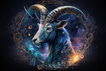 Capricorn (the goat) zodiac sign in a universe background, Generative Ai - obrazy, fototapety, plakaty