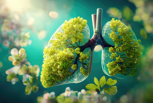 Lungs human in blooming garden, ecology art, breath of planet earth. Generative AI