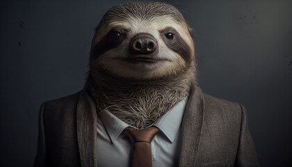Portrait of a sloth in business suit on isolated background. Generative AI 