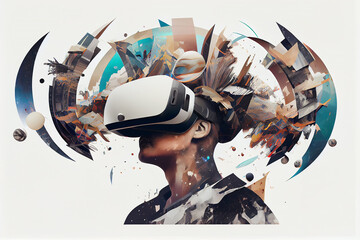 Man in VR Headset Floating Through Abstract Shapes. Generative AI. Generative AI