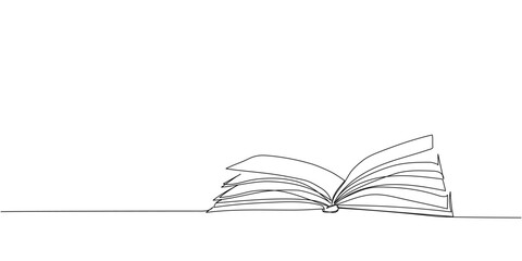 Big open book, album one line art. Continuous line drawing of book, library, education, school, study, literature, paper, textbook, knowledge, read, learn, page, reading.