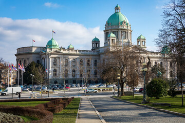 Fototapeta na wymiar Serbian Parliament Government Building at Winter Sunny Day.
