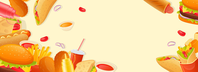 Fast food horizontal web banner. Taco, hot dog, hamburger, cola, sandwich, french fries, ketchup, mustard and other snacks. Illustration for header website, cover templates in modern design