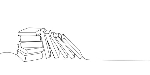 Books are on the shelf and in a stack one line art. Continuous line drawing of book, library, education, school, study, literature, paper, textbook, knowledge, read, learn, page, reading.