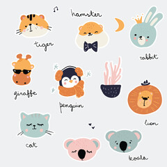 Set of animal stickers. Modern patches in simply style for kids.