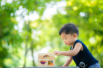 Toddler asian boy playing wooden toy in city green park