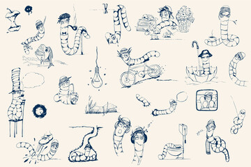 cartoon character drawn by pen, cartoon character, comic character, earthworm, cartoon earthworm - obrazy, fototapety, plakaty
