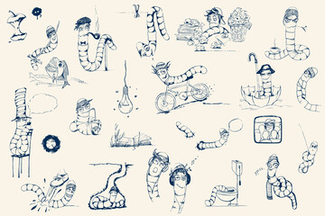 cartoon character drawn by pen, cartoon character, comic character, earthworm, cartoon earthworm, sticker set, emotions