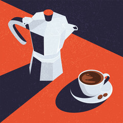 A kettle and a cup of coffee on the table are illustrations in the mid-century style. Vintage breakfast poster for coffee shop