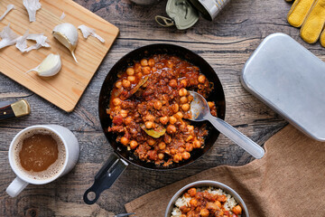 Chili Con Carne at Camp on Wooden Table