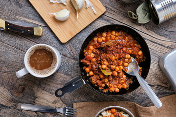 Chili Con Carne at Camp on Wooden Table