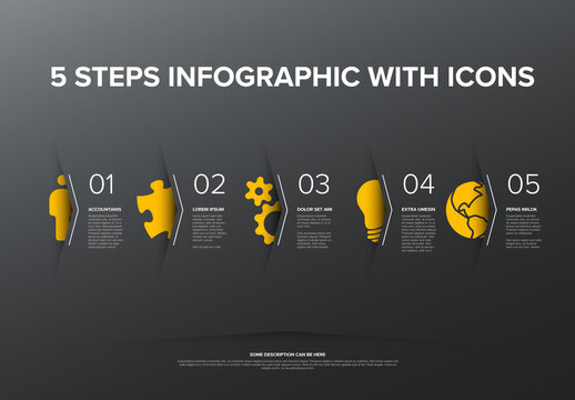 Five steps progress page template with big yellow icons
