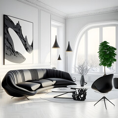 Cozy modern living room interior with black sofa and decoration room on white wall background, Generative AI
