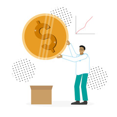 A man holds a coin in his hands and wants to put it in a box, next to the growth chart. The concept of investment. Flat vector illustration