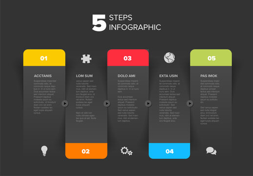 Five dark gray steps progress page template with color borders, numbers and icons