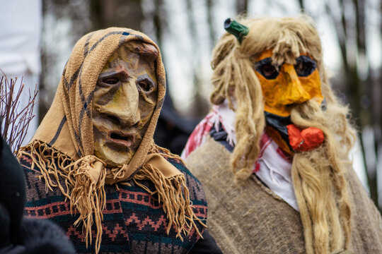 Traditional masks and costumes in Lithuania during Uzgavenes, a Lithuanian folk festival during Carnival, seventh week before Easter