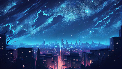 Nighttime cityscape illustration with blue shades digital painting. Generative AI.