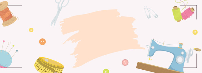 Sewing supplies horizontal web banner. Thread, measuring tape, sew machine, scissors, pins, buttons, needle, dressmaking tools. Illustration for header website, cover templates in modern design