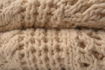 A fragment of beige knitted fabric, knitted from white sheep wool.