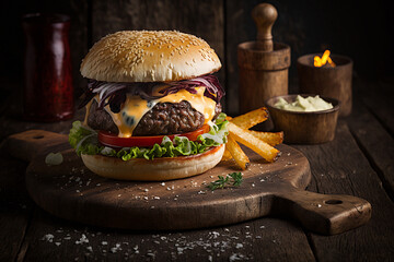 Delicious Burger on wood with fire created with Generative AI technology