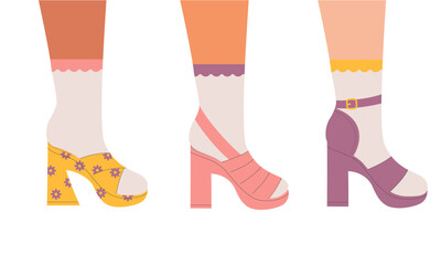 Set of women legs in high heeled shoes. Collection of female, girls shoes. Stylish footwear, high socks. Retro fashion, old style. Trendy vector illustration.
