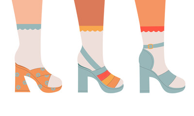 Set of women legs in high heeled shoes. Collection of female, girls shoes. Stylish footwear, high socks. Retro fashion, old style. Trendy vector illustration.
