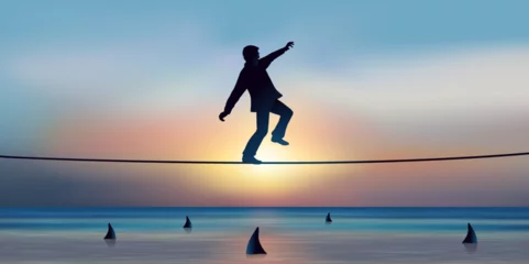 Fotobehang Concept de l’audace et de la prise de risque dans le monde des affaires, avec un funambule qui franchit un obstacle en équilibre sur une corde. © pict rider