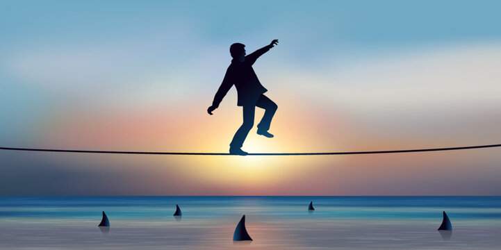 Concept de l’audace et de la prise de risque dans le monde des affaires, avec un funambule qui franchit un obstacle en équilibre sur une corde.