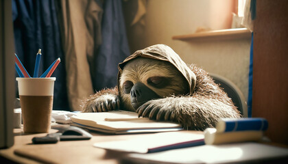 very tired sloth sleeps on lots of files in the office, Generative ai