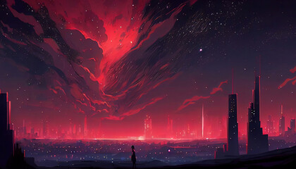 Nighttime cityscape illustration with red shades digital painting. Generative AI.