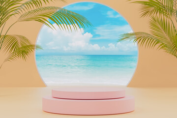 3d podium with copy space for product display presentation on palm beach abstract background. Tropical summer and vacation concept.