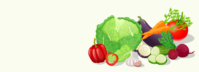 Vegetable horizontal web banner. Cabbage, pepper, garlic, cucumber, beet, carrot, tomato, eggplant, healthy fresh farm food. Illustration for header website, cover templates in modern design