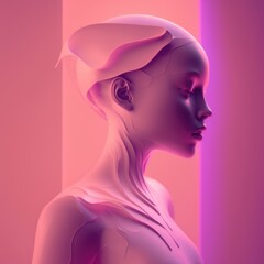 Glowing Gracefully: portrait of a person with a serene and glowing aura against a soft pink wall digital character avatar AI generation.