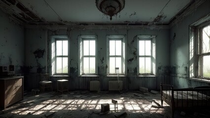 An abandoned hospital room, with remnants of furniture. A bed in the center of the room. The setting for a horror movie.