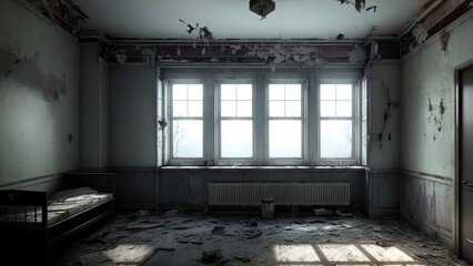 An abandoned hospital room, with remnants of furniture. A bed in the center of the room. The setting for a horror movie.