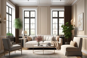 Fototapeta na wymiar Modern interior design of cozy apartment, living room with beige sofa, white armchairs - Generative AI