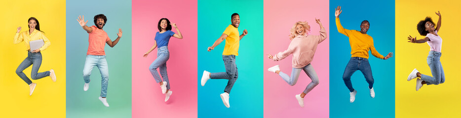 Joy Of Youth. Collage With Happy Young People Jumping Over Colorful Backgrounds