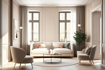 Obraz na płótnie Canvas Modern interior design of cozy apartment, living room with beige sofa, white armchairs - Generative AI