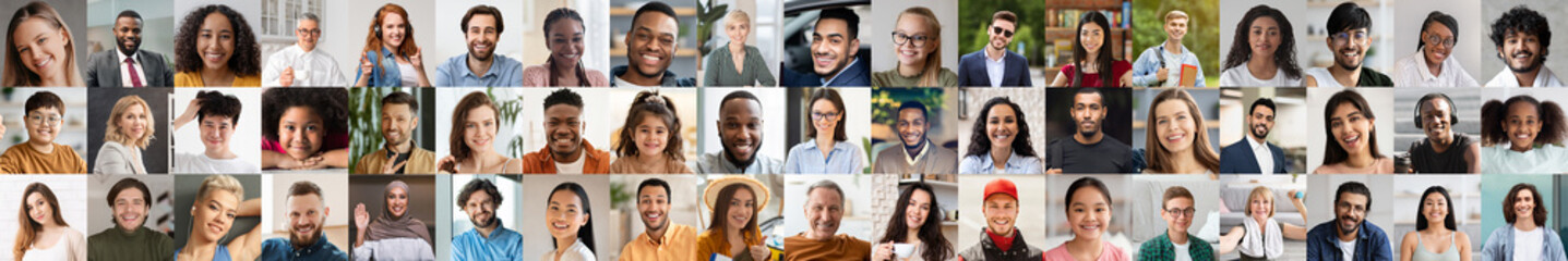 Positive multiethnic people enjoying life, smiling at camera, collage, web-banner - Powered by Adobe