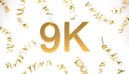 Fototapeta premium 9K followers symbol with confetti 3d rendering. Gold 9k 3d number illustration on white background. Celebration or thank you concept banner.