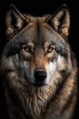 Naklejka na ściany i meble Portrait of a wolf male (Canis lupus), wild wolf on dark background. Generative AI Technology