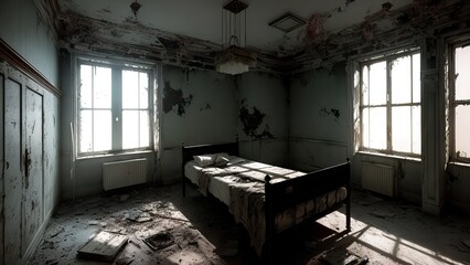 An abandoned hospital room, with remnants of furniture. A bed in the center of the room. The setting for a horror movie.